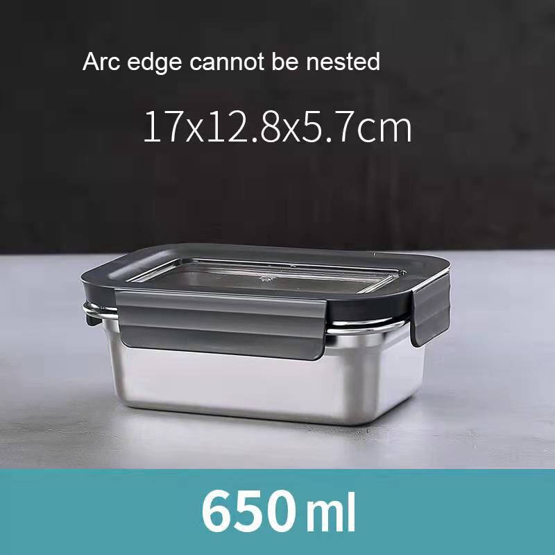 304 Stainless Steel Food Preservation Box Refrigerator Crisper Set Fruit Sealed Box Lunch Box Table Freezer Box Tableware: 650ml