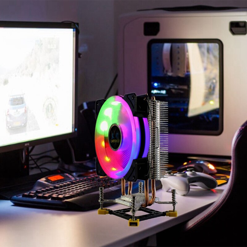 LANSHUO CPU Kühler RGB LED CPU Kühler 2 Wärme Rohre Ultra Ruhig Kühler Fan für LGA 775 115X 1366 (4Pin Einzigen Lüfter)