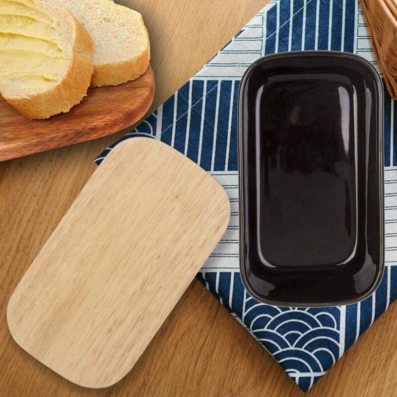 Big Porcelain Butter Dish with Lid, Airtight Large Butter Keeper with Wooden Lid, Butter Container