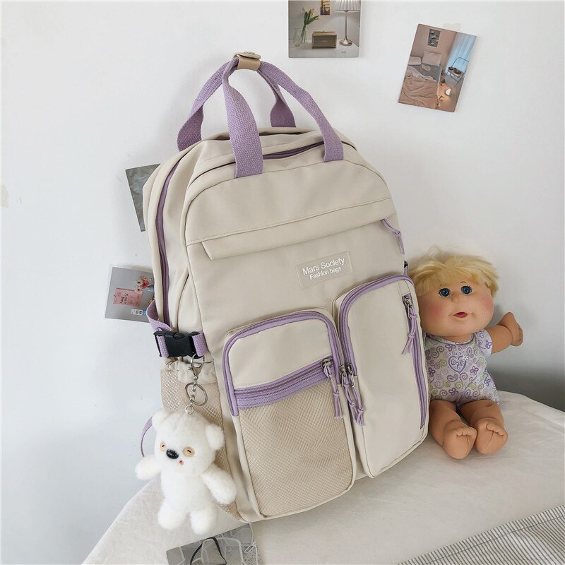DIFA-mochila con hebilla portátil para mujer, Bolsa Escolar de nailon resistente al agua, con múltiples bolsillos, para ordenador portátil: white / with white bear