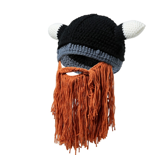 Men&#39;s Barbarian Vagabond Viking Beard Beanie Horn Hats Handmade Winter Warm Birthday Cool Funny Gag Halloween CaP