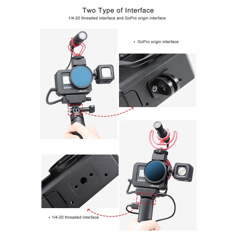 ULANZI G8-5 Vlog do Metal Gaiola para Gopro Hero 8 Preto Sapata Fria Dupla Camera Gaiola para Microfone DIODO EMISSOR de Luz com 52mm Adaptador do Filtro