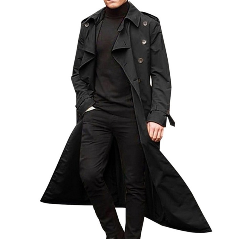 nouveaux hommes longue Trench Coat hommes Long revers ouvert coupe-vent hommes décontracté: black / M