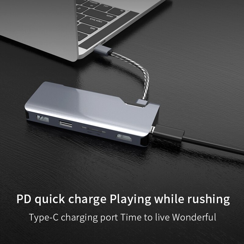 type -c7 i 1 smart dockingstasjon med 2 x usb 3.0 +  sd + tf + hdmi  + rj45 +  pd type-c omformer