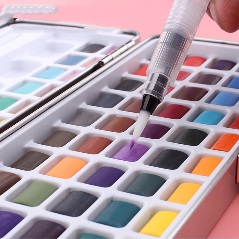 72 farver solid akvarel pigment sæt boks med 3 pensel pen bærbar metallisk vandfarve maling til begyndere kunstforsyninger