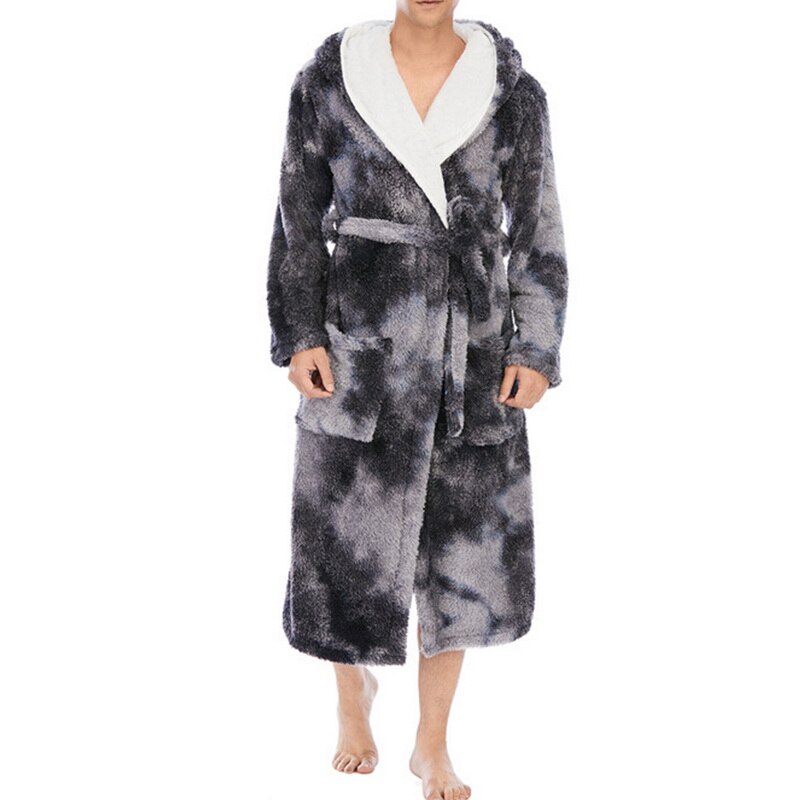 Winter Warm Flannel Bathrobe Men Knee-Length Bath Robe Soft Thick Tie-dye Print Plush Hooded Robes Male Dressing Gown Sleepwear: blue / L