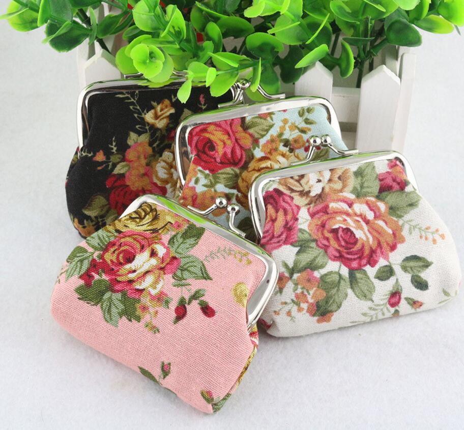 Vintage Style Women Cotton Fabric Coin Purse Big Rose Printed Wallets Key Holders Party For Girls 8pcs/lot: Default Title