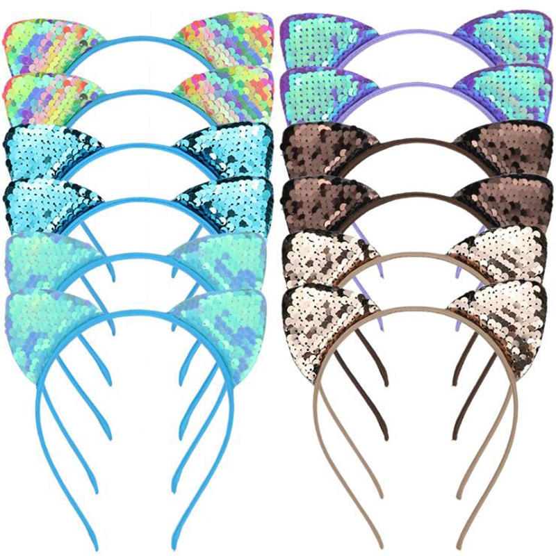 Paillettes réversibles oreilles de chat bandeau brillant chat oreille cheveux cerceaux mignon Bling bandeau cheveux accessoires pour femmes filles quotidien andParty
