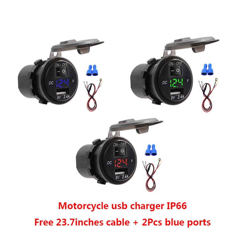 Cargador de moto interruptor usb impermeable, pantalla Digital de 2,4 a, voltímetro de 12V-24V, cargador para coche, barco y motocicleta con fusible de 20a, 60cm