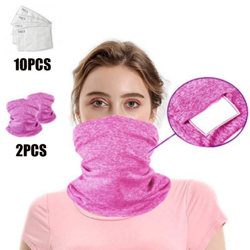 2 stk multifunktionelle bandanas unisex ansigtsdæksel, der kan vaskes mod støv udendørs / festivaler / sportsbib tørklæde med 10 filtre: Rosenrød