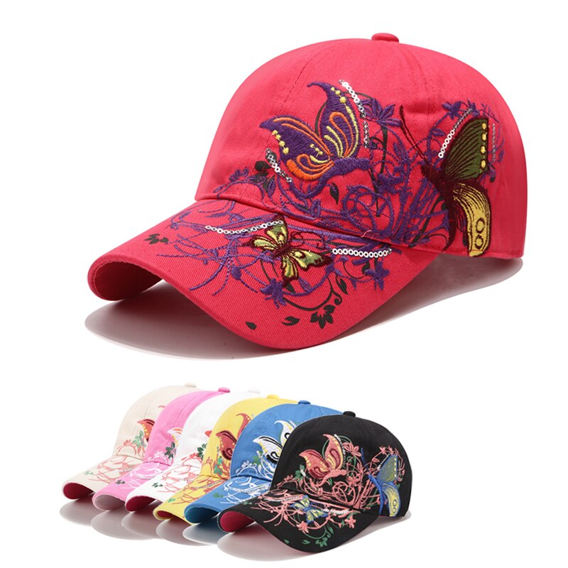 Gorras de béisbol a la para mujer, gorros de béisbol a la de algodón informales para adultos, para exteriores y viajes, Sombreros con bordado de mariposas y flores