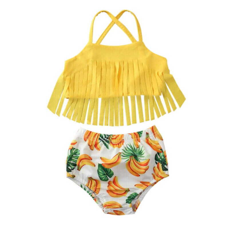 Summer Kids Baby Girl Swimwear Bikini Suit Tassel Tops Banana Print Shorts Swimsuit 2PCS