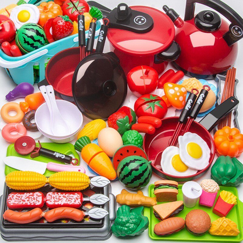 Kit de cocina de plástico para niños, juego de simulación de frutas y verduras, juguete educativo para cortar, de cumpleaños, 150 piezas