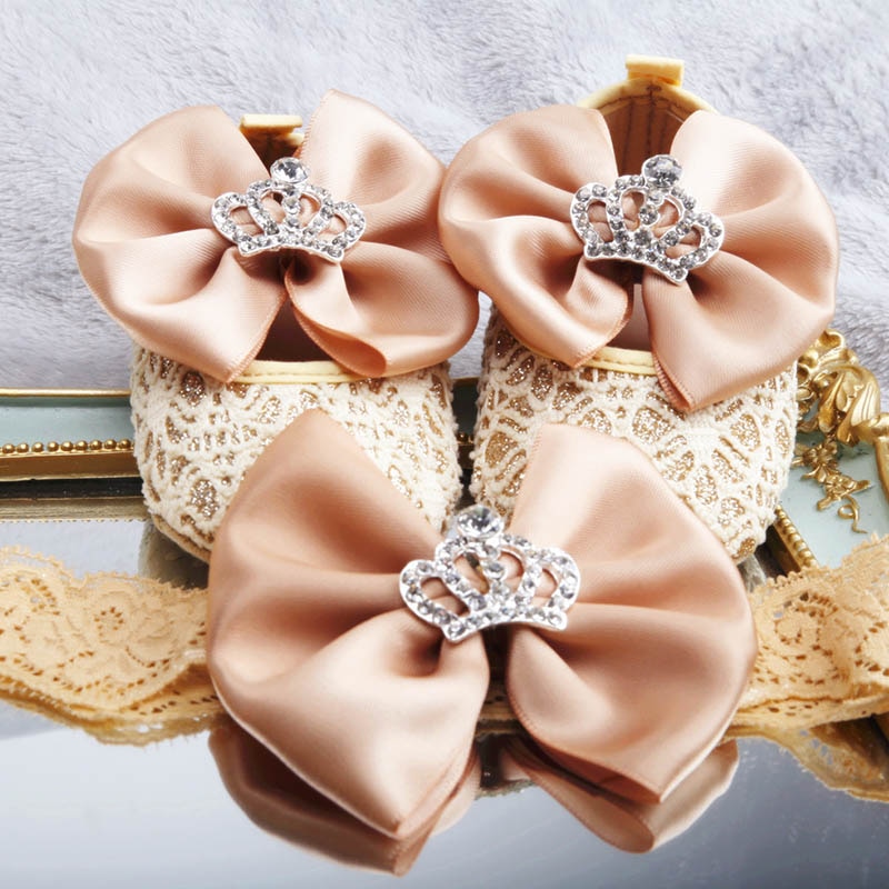 Poppende baby peuterschoenen gouden strik diamant kroon katoenen zachte onderkant elastische band gesloten babymeisje peuterschoenen hoofddeksel