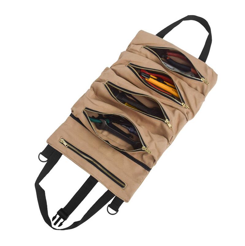 Roll Tool Roll Multi-Purpose Tool Roll Up Bag Wrench Roll Pouch Hanging Tool Zipper Carrier Tote: Khaki