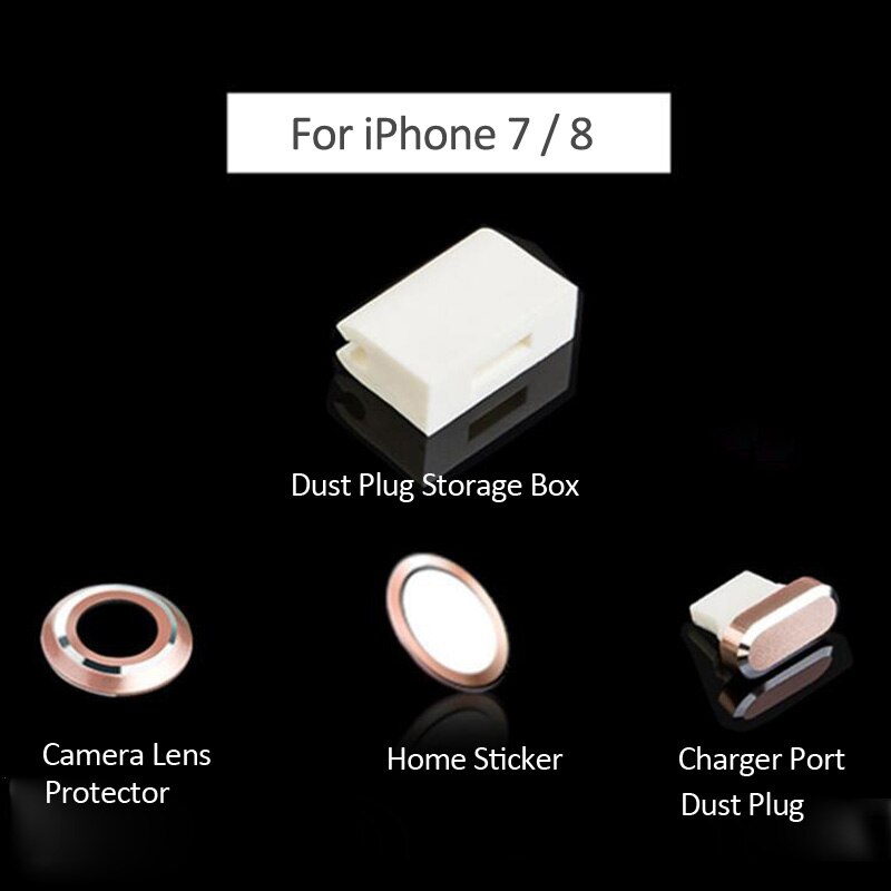 4 In 1 For iPhone 7 8 Metal Rear Camera Lens Protector Cover+Home Button Sticker+Charging Port Anti Dust Plug For iPhone7 8 Plus