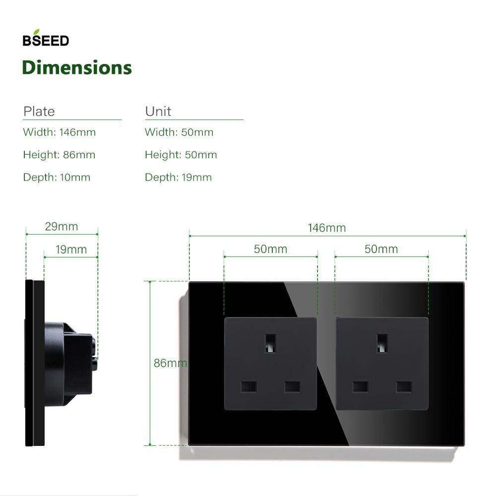 BSEED UK Standard Double Socket Wall Socket 110V-250V White Black Gloden Crystal Glass Panel 146*86mm