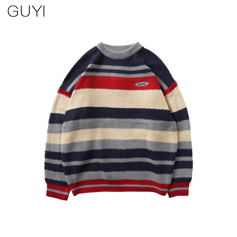 Guyi japanse stijl gestreepte los gebreide truien pullovers heren herfst winter retro casual mannelijke luie jongere trui vintage top