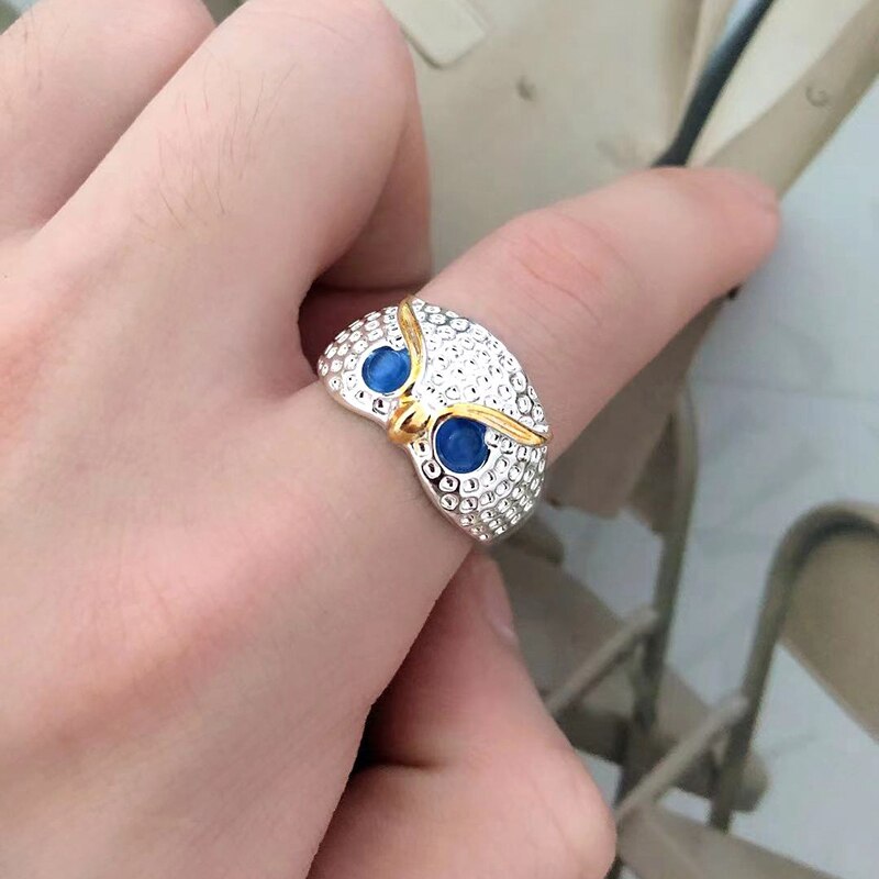 Bague de hibou en strass, yeux bleus, Style Simple, fille, femme, populaire, hommes, bijoux réglables: WN1025-2