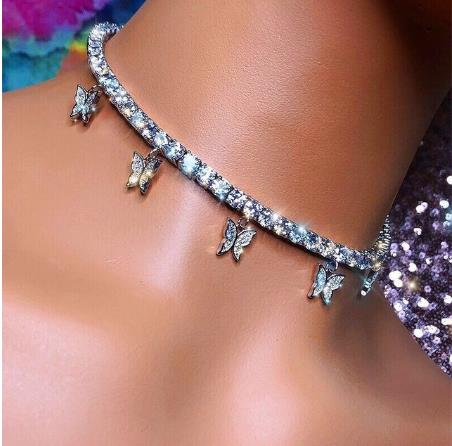Luxe Rhinestone Choker Ketting Vrouwen Gouden Zilveren Kleur Korte Vlinder Hanger Ketting Party Decoratie Sieraden: Silver B
