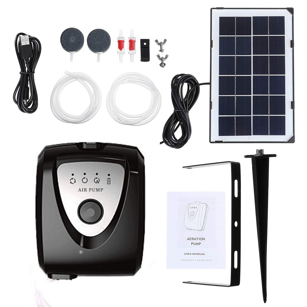 Solpanel akvarie luftpumpe akvarium mini lydløs kompressor akvarium iltpumpe oxygenator belufter udendørs hjem: Sort