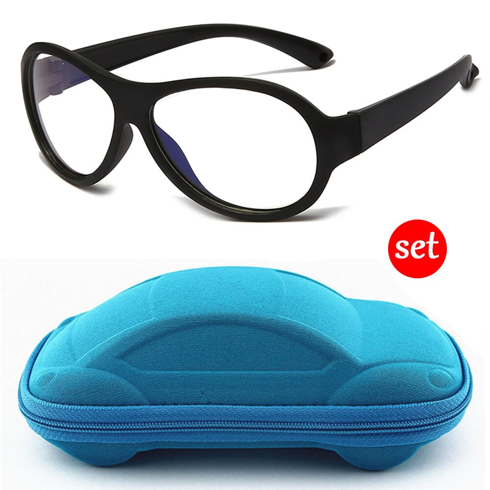 Longkeeper anti blåt lys børnebriller med bilformet brilleetui børn fleksibelt optisk stel eyeware dreng pige briller: Sort-blå kasse