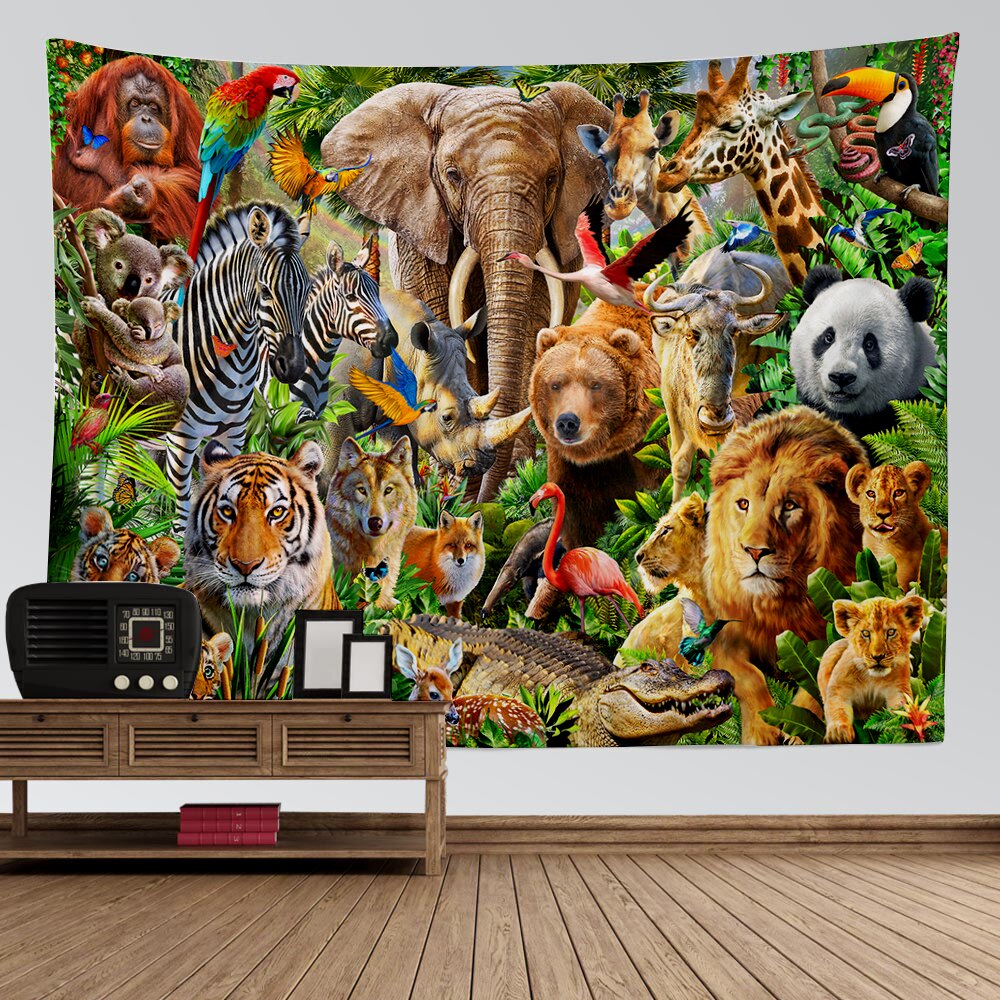 Forest Animal World Tapestry Tiger Lion Elephant Deer Koala Panda Tropical Rainforest Wall Hanging Tapestries for Bedroom Yoga: 150x200cm