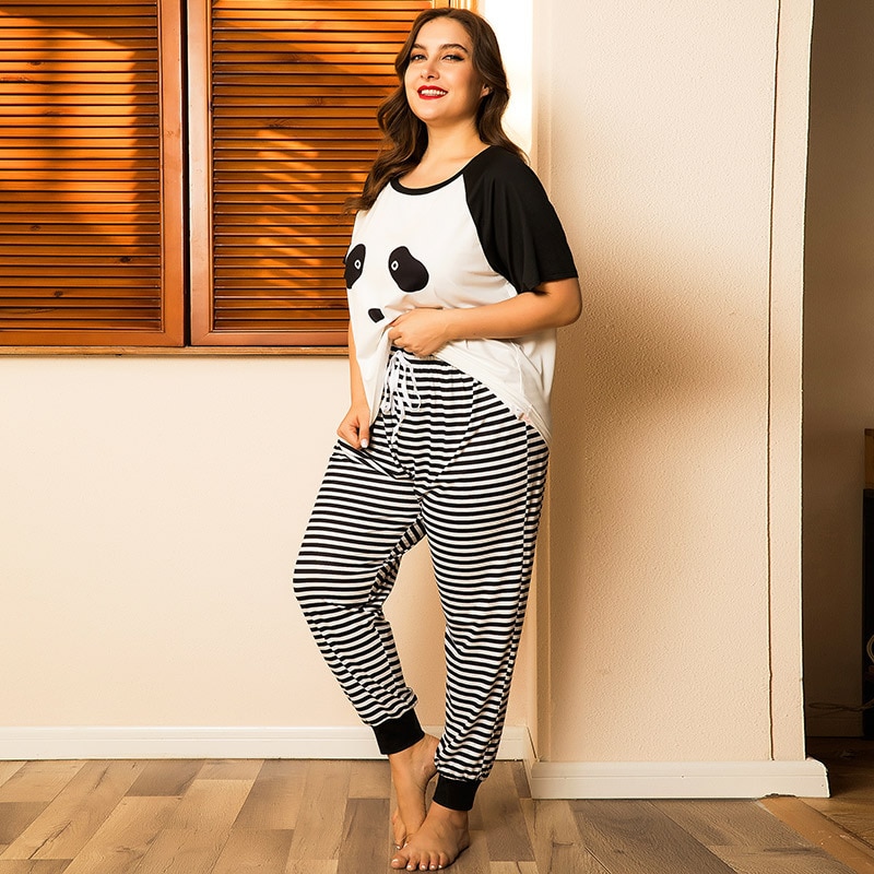 Plus Size Pijamas Women Nightie Cartoons Panda Cute Sleep Tops And Pants Women's Home Clothes Bath Suit Oversized Nightwear