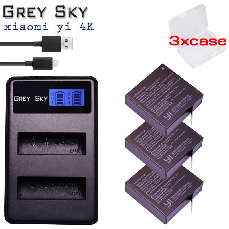 Batería de repuesto AZ16-1 para móvil, 2 uds., para Xiaomi YI 4K 4K + Yi Lite YI 360 VR Action, no para Discovery Version + cargador USB LCD: charger and 3battery