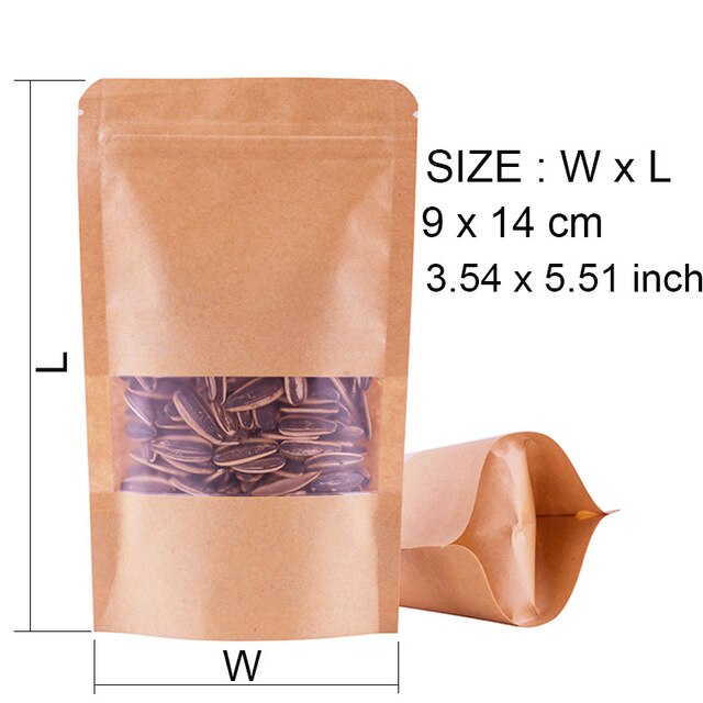 50Pcs Kraft Papieren Zakken Zip Lock Bruin Met Venster Stand Up Hersluitbare Grip Ziplock Zakjes Thee Koffie Bean Snoep verpakking Voedsel: 9x14cm