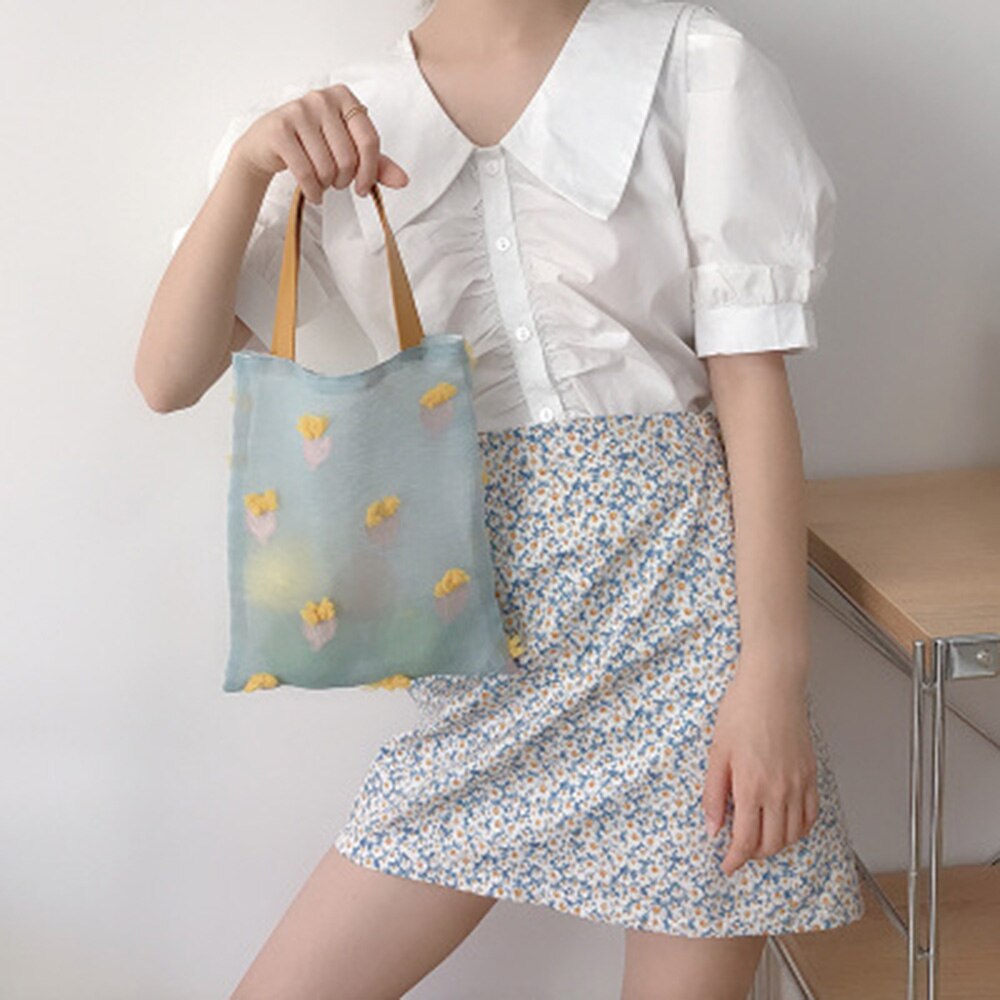 Mesh Translucent Shoulder Handbag Shopping Bag Beach Vacation Bag Japanese Fairy Bag: 1-17x24x22cm