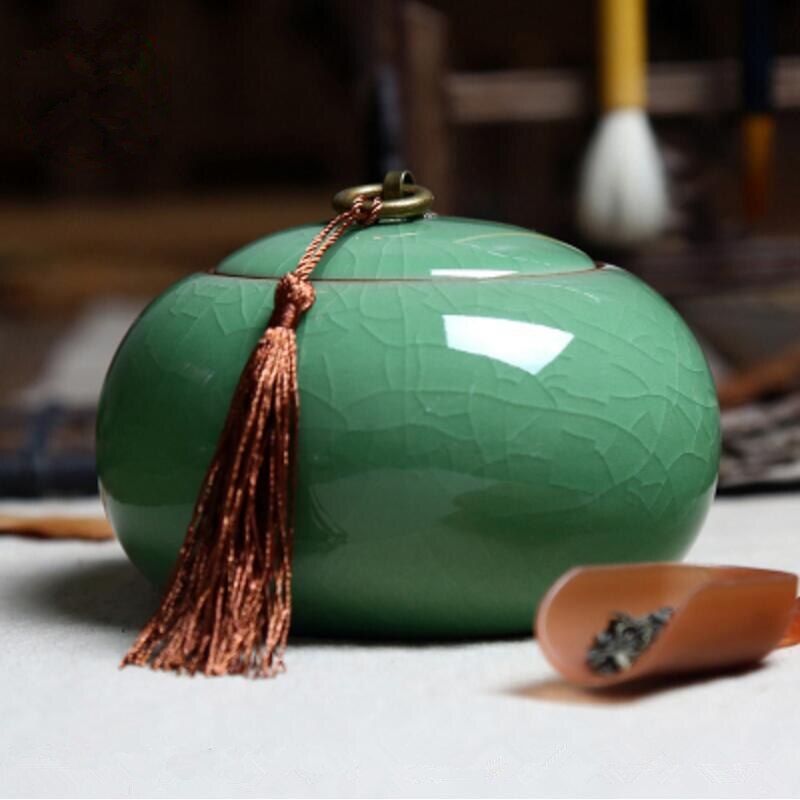 Chinese Ceramic Food Box With Cover,Top Grade Crackle Glaze Longquan Celadon Ceramics Tea Caddy Tea Canister Tea Porcelain Jar