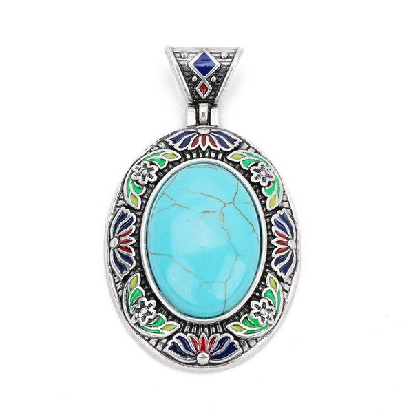 Natural Red Agates Opal Stone 32x40mm Pendants Necklace Jewelry Silver Plated Charm Crystal Boho Ethnic Egg DIY Jewelry Findings: blue Turquoise