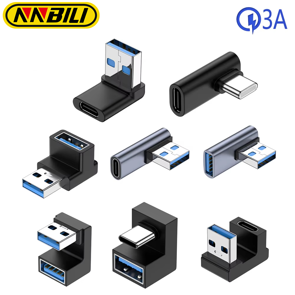 NNBILI 3A Typ C Kolanko USB 3.1 Adapter kabla do ładowania danych Konwerter dla Androida Adapter OTG 90/180 stopni Szybkie ładowanie 10 Gb/s