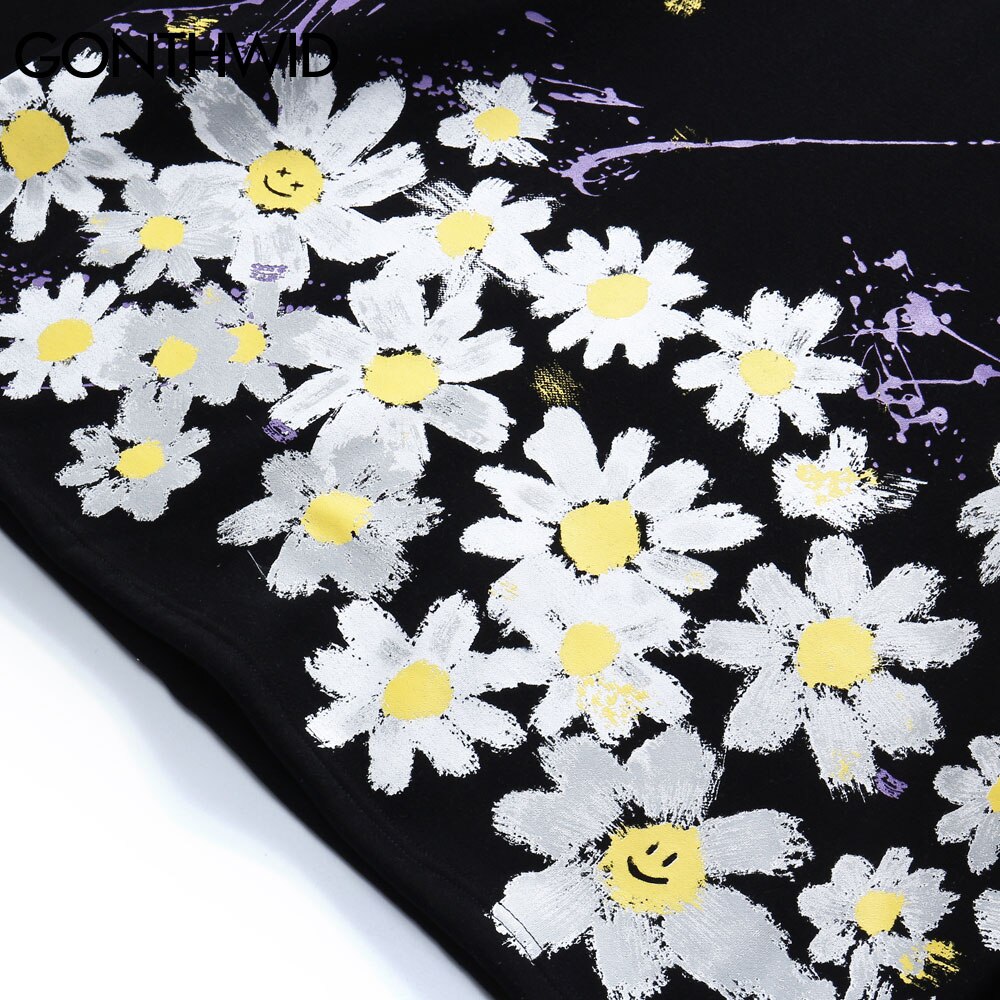 GONTHWID Graffiti Daisy Flowers Floral Print Fleece Hoodies Sweatshirts Mens Harajuku Casual Loose Hooded Tops Outwear Male