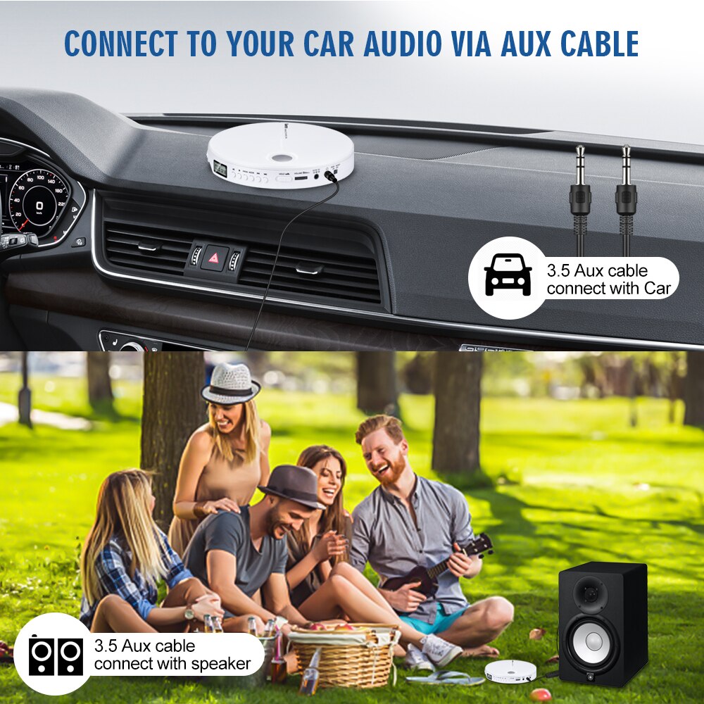 Sports Portable CD Player with Earphone HiFi Sound Compact Disc Player Reproductor CD Anti-Shock Car Audio Music Player White