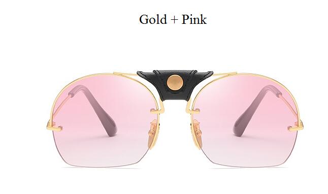 Gafas de sol de de Vintage de corte Semi-sin montura, hombres y mujeres de cuero para Gafas de sol, Gafas de sol con montura metálica, Gafas de sol masculinas Retro: Gold Pink