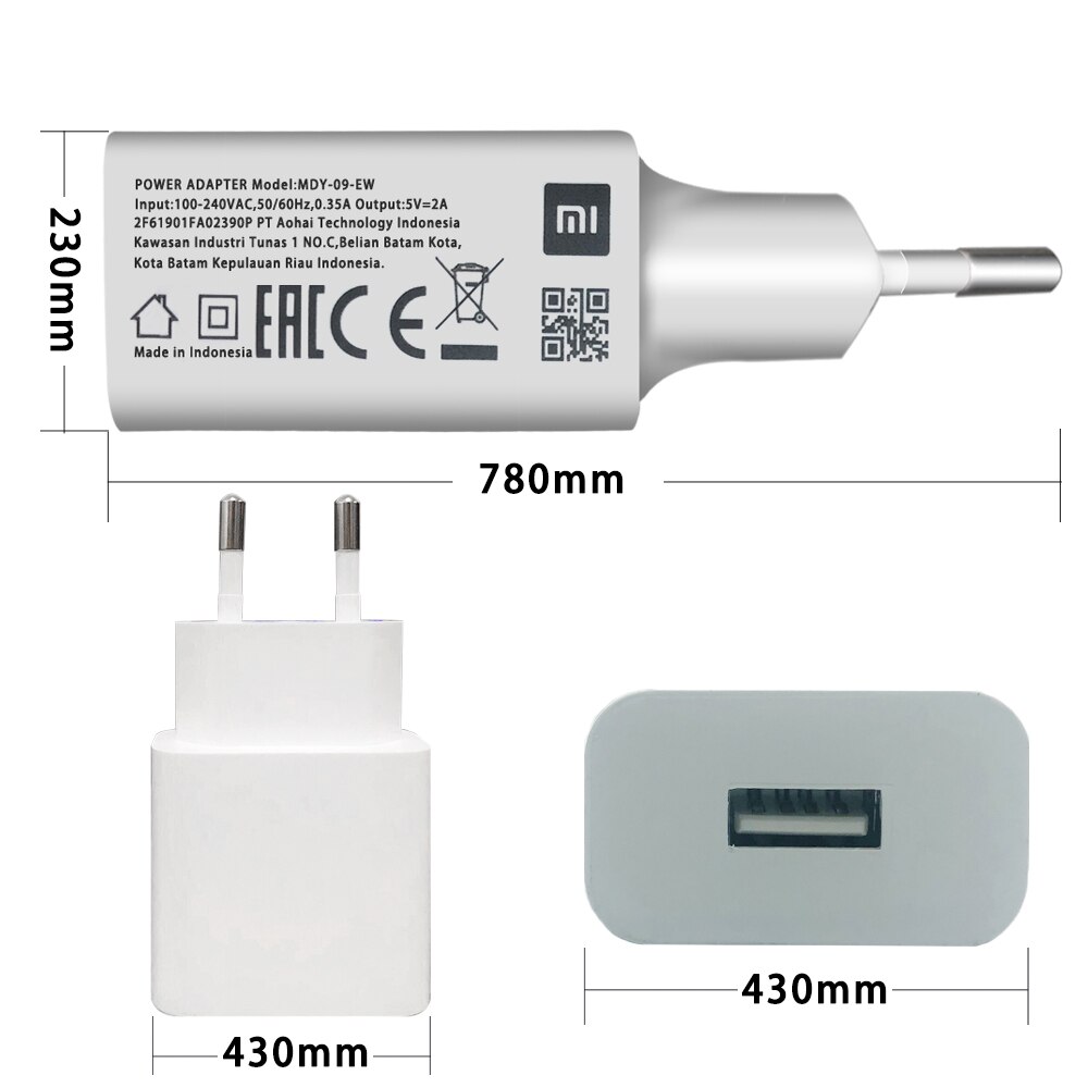 Xiaomi-cargador USB MDY-09-EW Original, adaptador de la UE de 5V/2A, Cable de datos tipo C para Mi 5, 6, 8, 9, Redmi Note 7, 8 Pro, F1, A2, A3 Lite: Only EU Charger