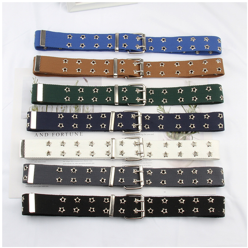 Double Grommet Belt Canvas Belt Double star Hole Belt for Women Punk Rock Jeans Belt
