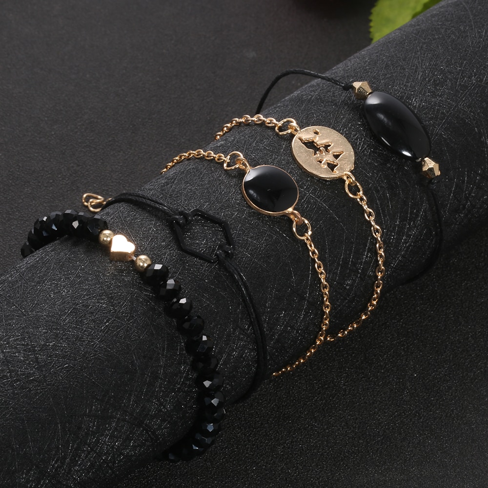 Boho Vintage Hexagon Bracelet Gold Heart World Map Charms Black Gem Pulseiras Rope Chain Bangle for Women Jewelry Love Xmas