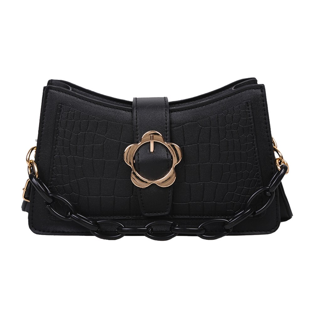 Alligator PU sacs à bandoulière jeunes dames Simple polyvalent sac femmes fleur boucle chaîne pochette à bandoulière: Black