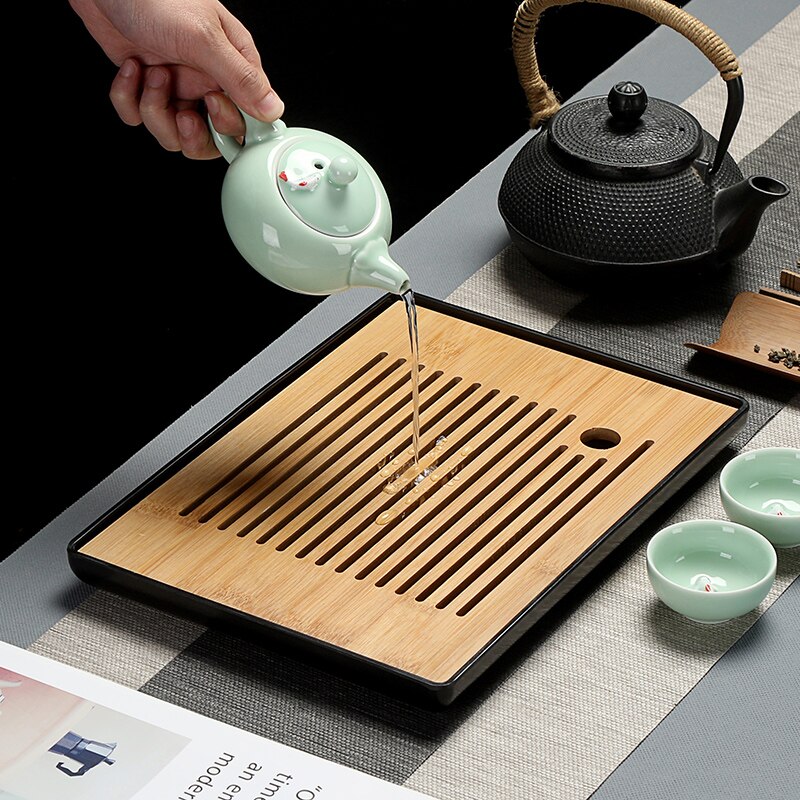 Bamboo Tea Trays-Chinese Tea Serving Kung-Fu Tea Tray Set-Melamine+Bamboo Tea tabl Tray- Drainage Water Storage Tea Set Tools