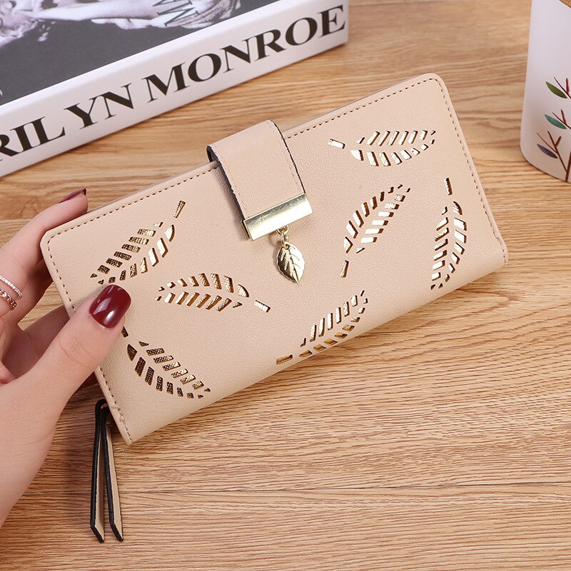 Women Wallet Leather Purse Female Long Wallet Hollow Leaves Pouch Handbag For Ladies Coin Purse Card Holders Clutch: Apricot