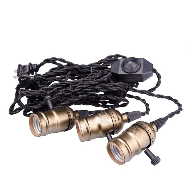 Vintage 3 Heads LED Lamp Base E27 Bulb 110V/220V Pendant Light With Dimmer Switch EU US Plug Socket Holder Hanging Light Fixture: Retro gold 3 heads / EU plug