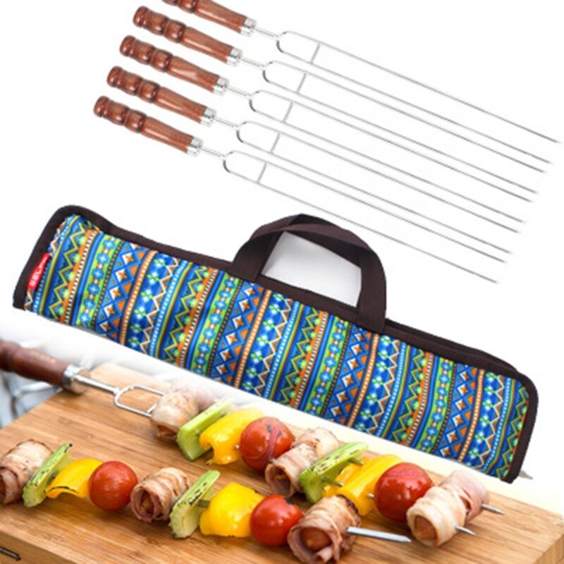 5pcs BBQ Stainless Steel Roasting Forks With Bag Camping Chicken wings Dog Skewers Wood Grill Barbecue Tool dls Kebab