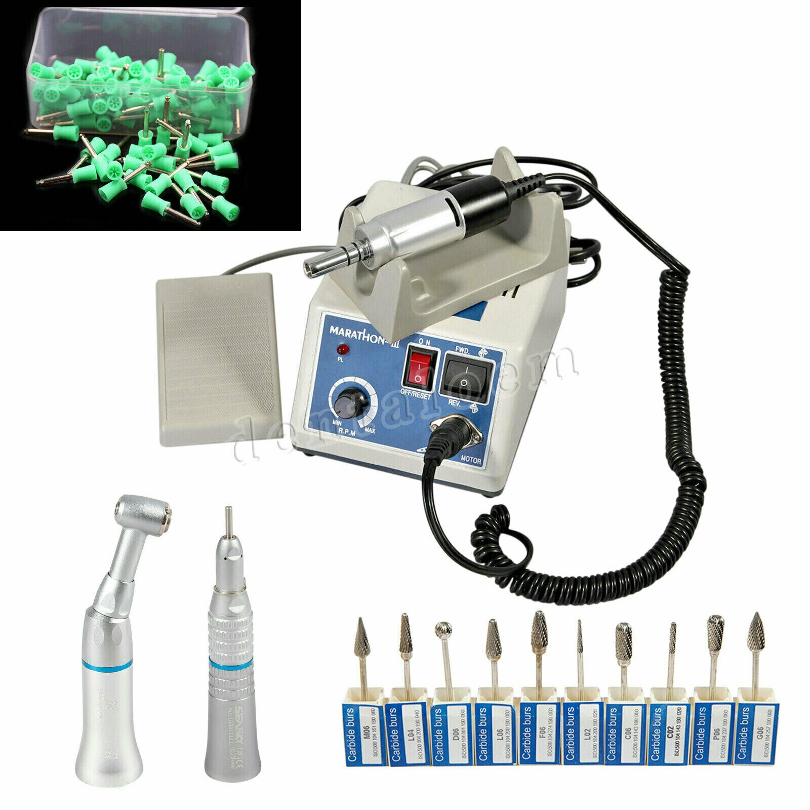 Micromotor eléctrico MARATHON para laboratorio Dental, 35K RPM, recta de velocidad lenta contraángulo de pieza de mano/10 taladros de fresas/100 tazas de pulido