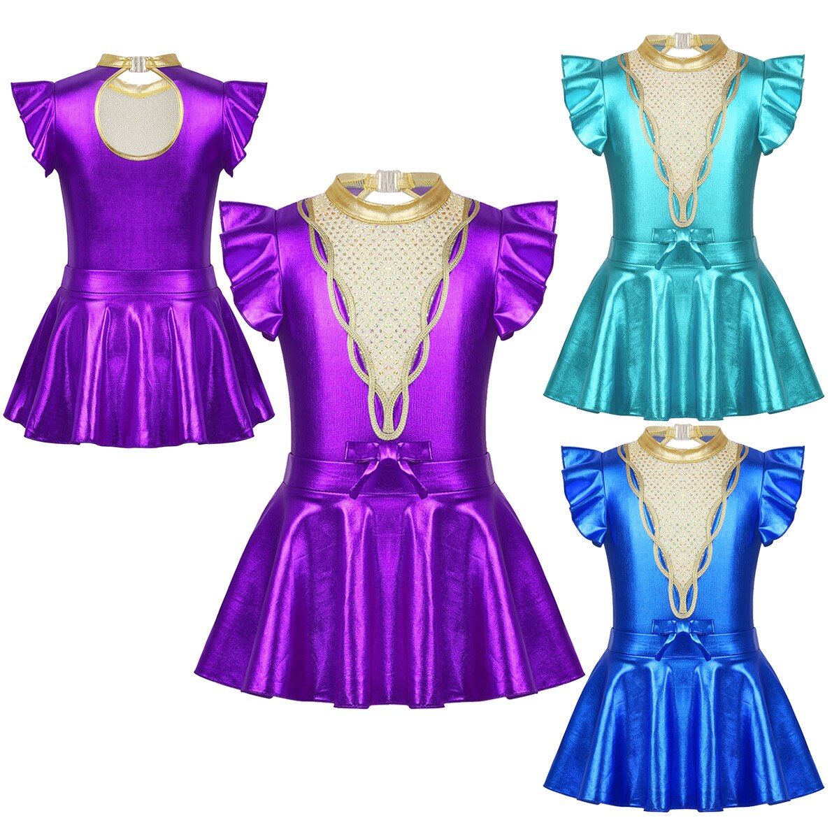 ChicTry Kids Teens Performance Dance Costume Shiny Sequins Metallic Gymnastics Leotard with Skirt Set Girls Ballet Dress Outfit