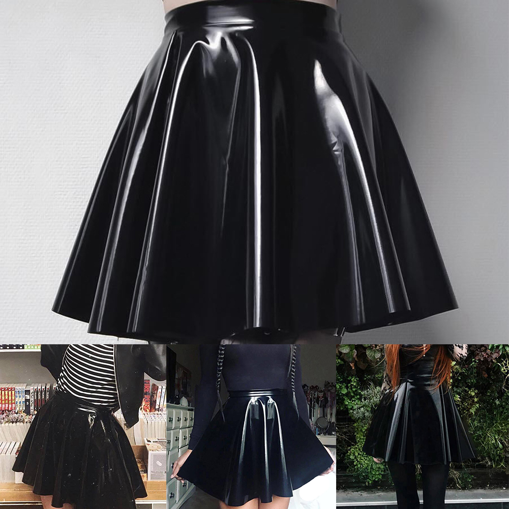 Falda plisada de cuero de PVC con aspecto húmedo brillante para mujer, minifaldas de baile, color negro liso, línea A, para y discoteca