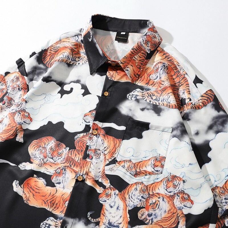 Zomer heren overhemd etnisch bedrukt tijgerprint kraag katoenen korte mouwen los bloemen henley overhemd bloemen overhemd