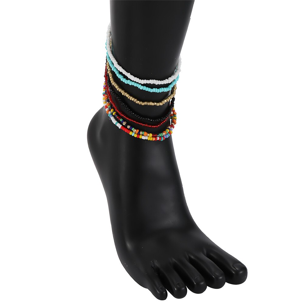 7 stk / sæt boheme flerfarvet beaded chain anklet armbånd sæt til kvindelig charme strand sandler fod smykker: Anklet
